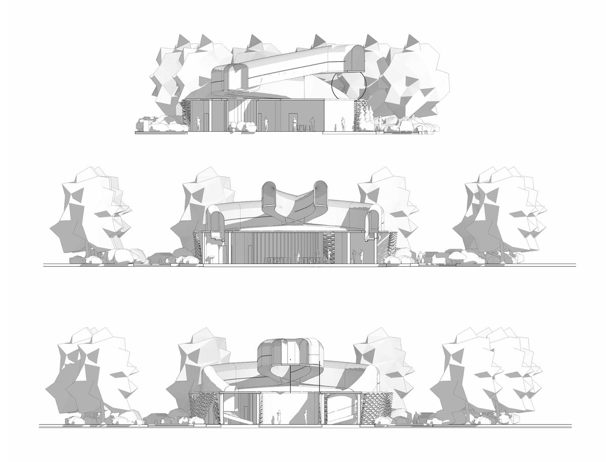 A black and white drawing of three stacked sketches of a proposed healthcare facility.
