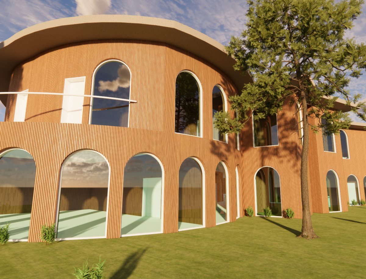 A visualisation of the exterior of a building with arched entryways surrounded by grass and a planted tree in the foreground.