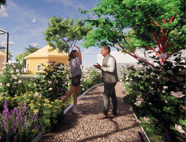 A visualisation of a landscaped courtyard with plentiful planting and trees, and two people stood in conversation.