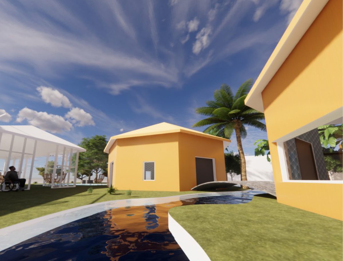 A visualisation of a proposed healthcare building site with a stream running between two yellow buildings surrounded by grass and trees.
