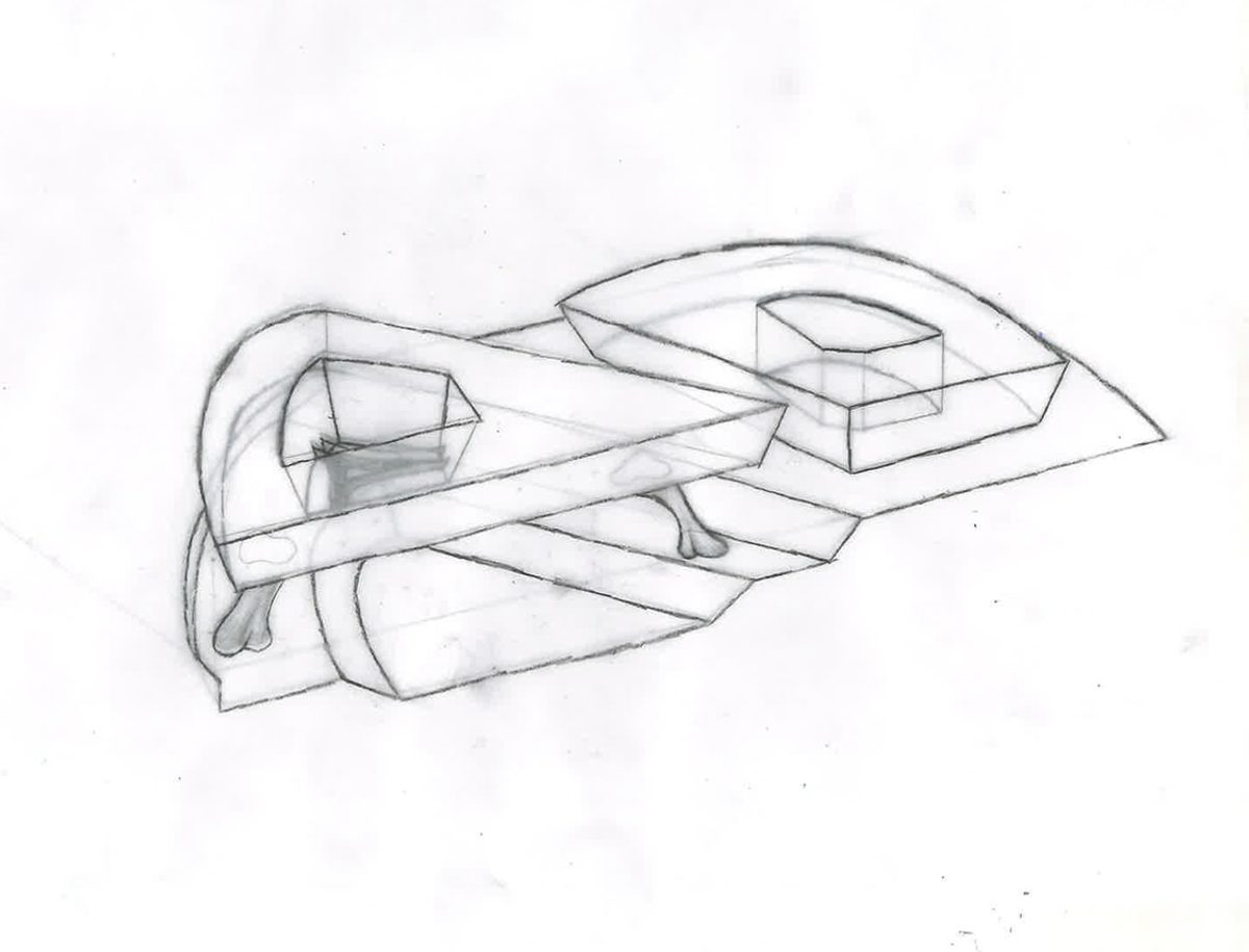 A black and white sketch drawing of a building's formation.