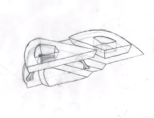 A black and white sketch drawing of a building's formation.