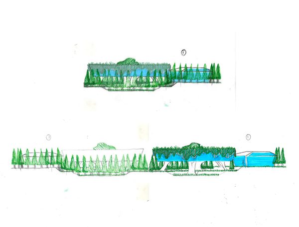 A sketch drawing coloured in green and blue showing the landscape strategy for a proposed healthcare building.