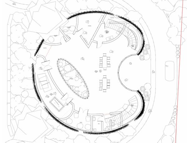 A black and white sketch aerial drawing showing the site of a proposed healthcare facility.