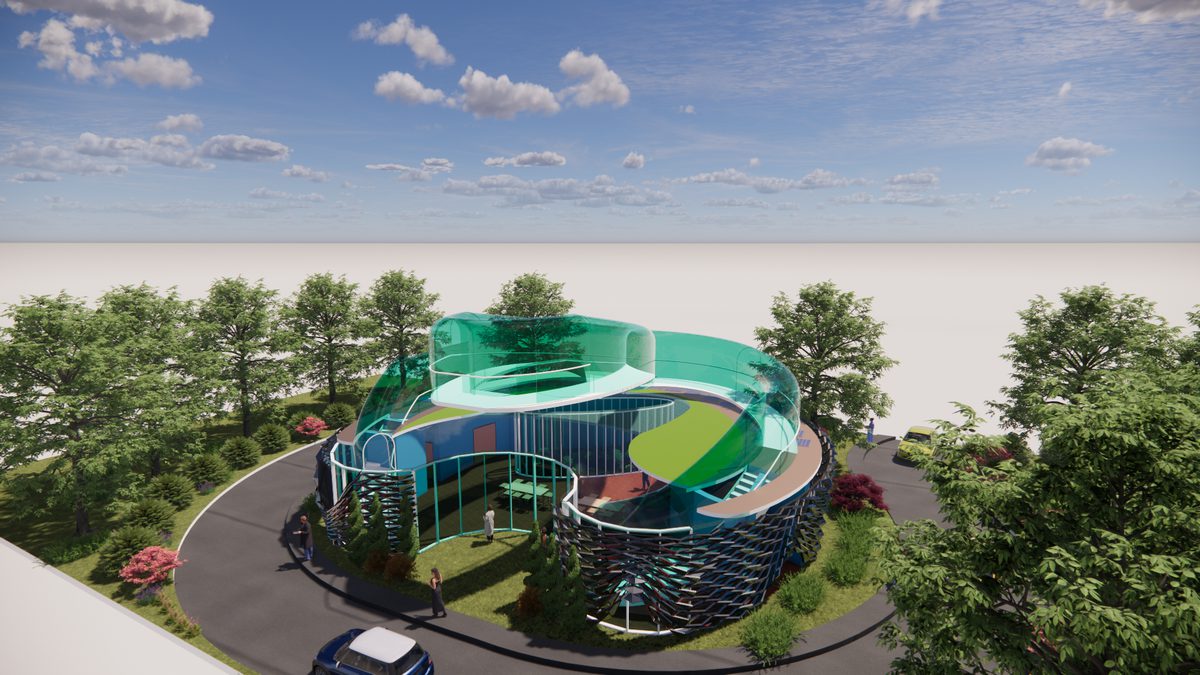 A aerial visualisation of a proposed healthcare facility with surrounding landscaping including trees, pathways and greenery.