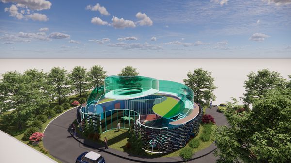A aerial visualisation of a proposed healthcare facility with surrounding landscaping including trees, pathways and greenery.