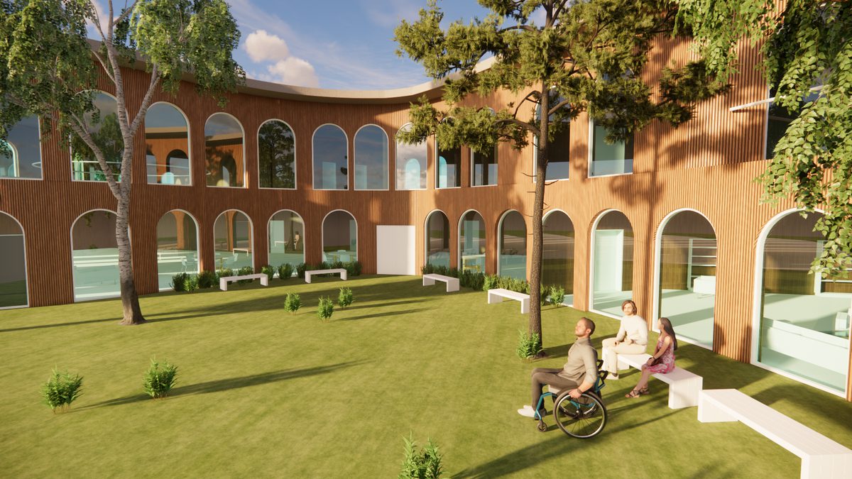 A visualisation of a large, open landscaped garden space as part of a proposed healthcare building.