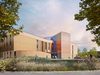 Visualisation showing the front exterior of complete Countess of Chester Hospital Women and Children’s Unit with planting in front.