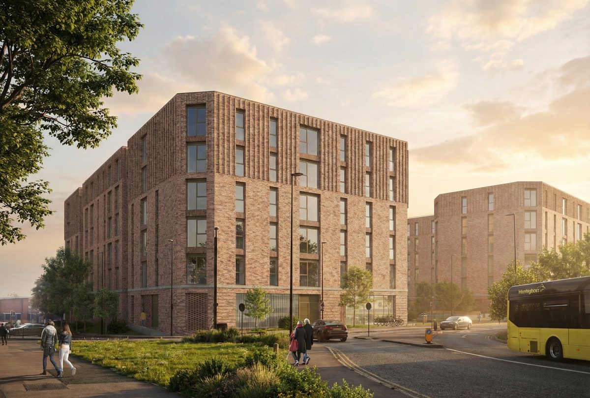 A visualisation of the Academy Way residential development with green space and pedestrians passing along the streets in the foreground.