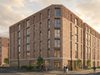 A visualisation of the residential development in Warrington with a subtle brick facade and people walking along the pavement in the foreground.