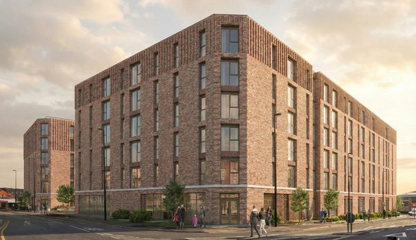 A visualisation of the residential development in Warrington with a subtle brick facade and people walking along the pavement in the foreground.