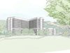 A sketch drawing of the new Airedale General Hospital surrounded by trees and greenery.