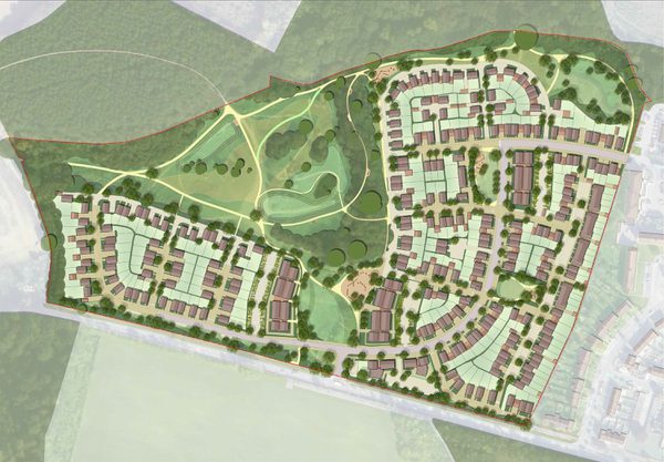 An architectural drawing of the Archers Spring masterplan, showing an aerial view of the masterplan in its entirety, in its rural surroundings.