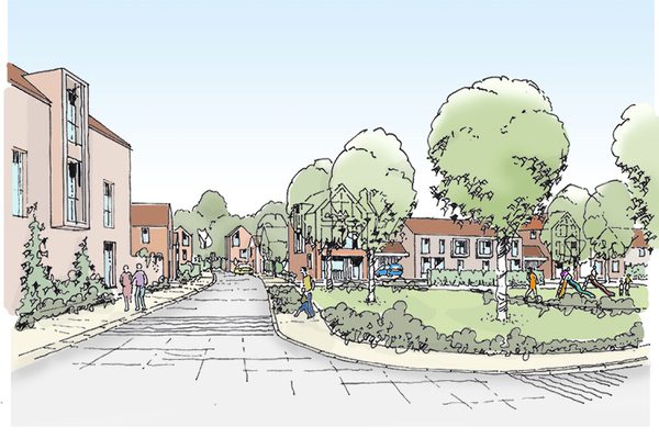 An architectural sketch of a street within Archers Spring, with play spaces, housing surrounding and green landscaped spaces with trees.
