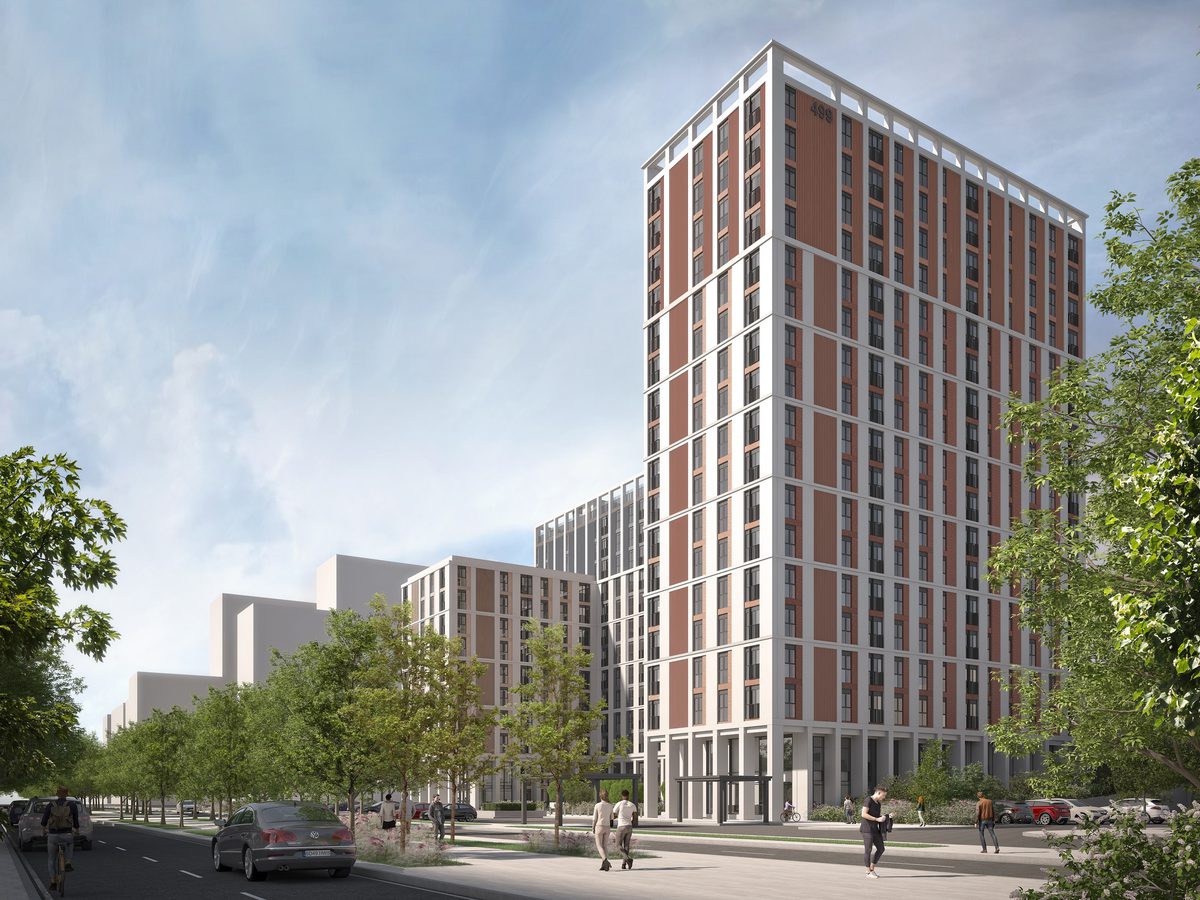 A visualisation of a new high rise residential building in Milton Keynes surrounded by active public realm, greenery and landscape.