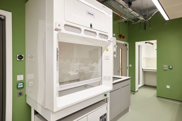 The specialist space inside the laboratory surrounded by colourful green walls.