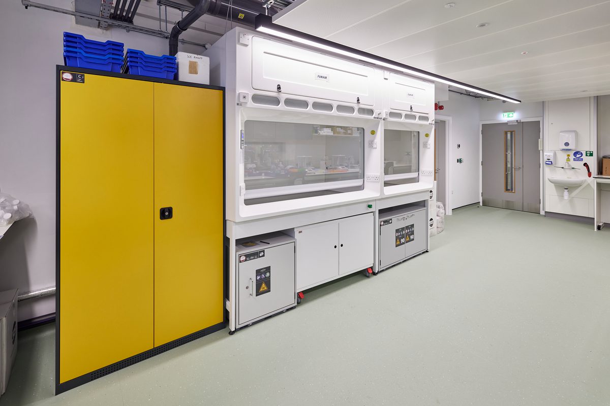 The brightly lit room containing equipment space which can be safely locked away.