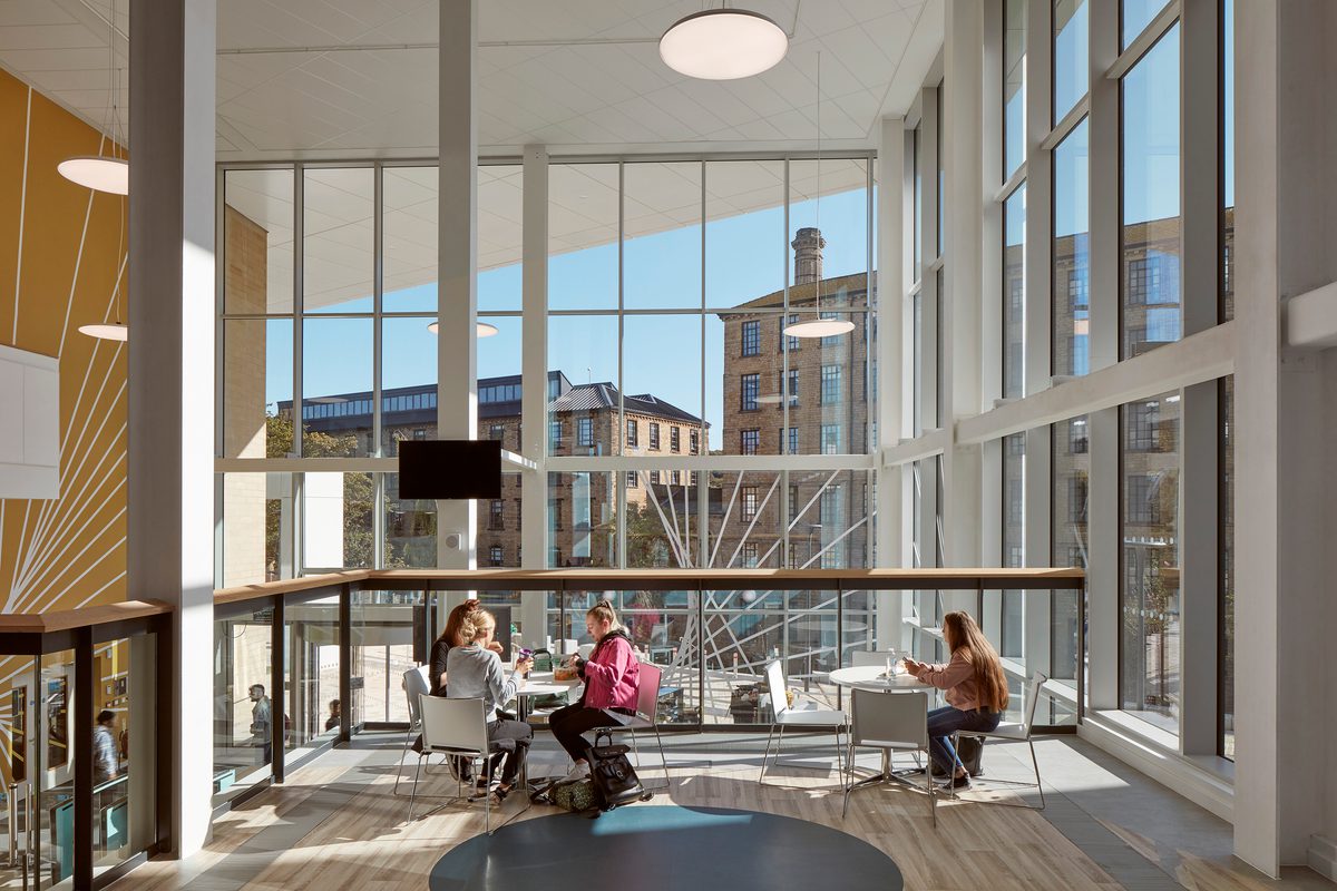 Interior showing views through large-scale glazing towards Huddersfield from the Barbara Hepworth Building.
