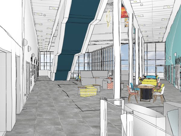 An interior architectural sketch of the Barbara Hepworth Building showing the double height atrium.