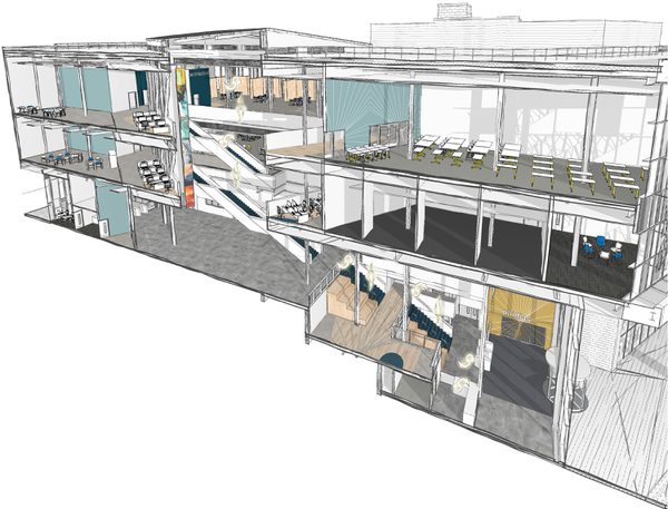An interior axonometric sketch of the Barbara Hepworth Building showing a cross section of different spaces.