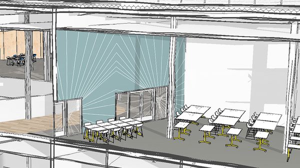 An interior architectural sketch of the Barbara Hepworth Building showing studio space with flexible seating.