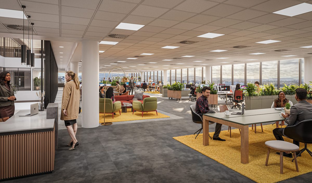 A visualisation of the one of the workspace floors with an active reception area and people sat in conversations.
