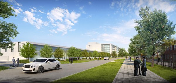 Exterior visualisation of Bentley Design Centre surrounded by green spaces.