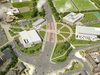 An aerial visualisation of Beswick Community Hub showing the masterplan in its entirety, all its buildings including outdoor sporting facilities and associated road access.