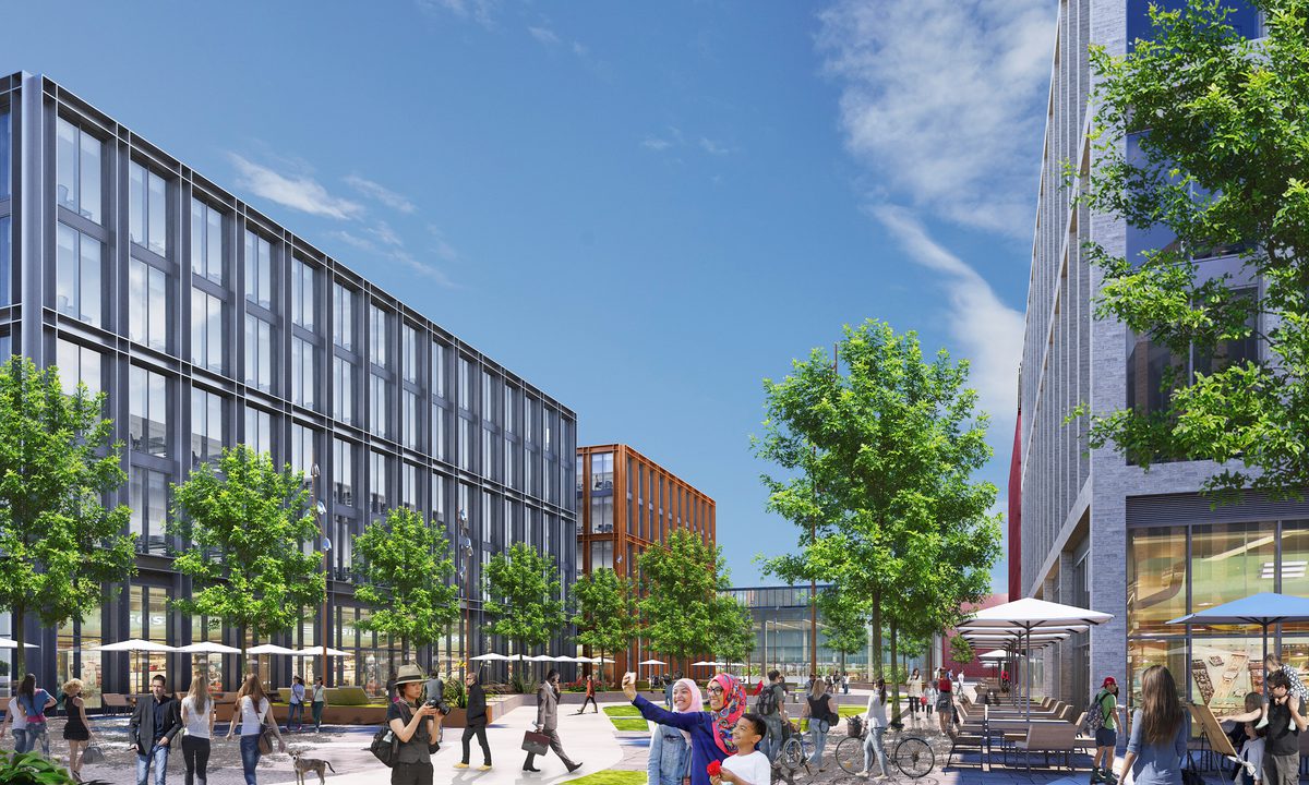 An exterior visualisation showing people using the communal green spaces and surrounding buildings within the Birkenhead commercial district masterplan.
