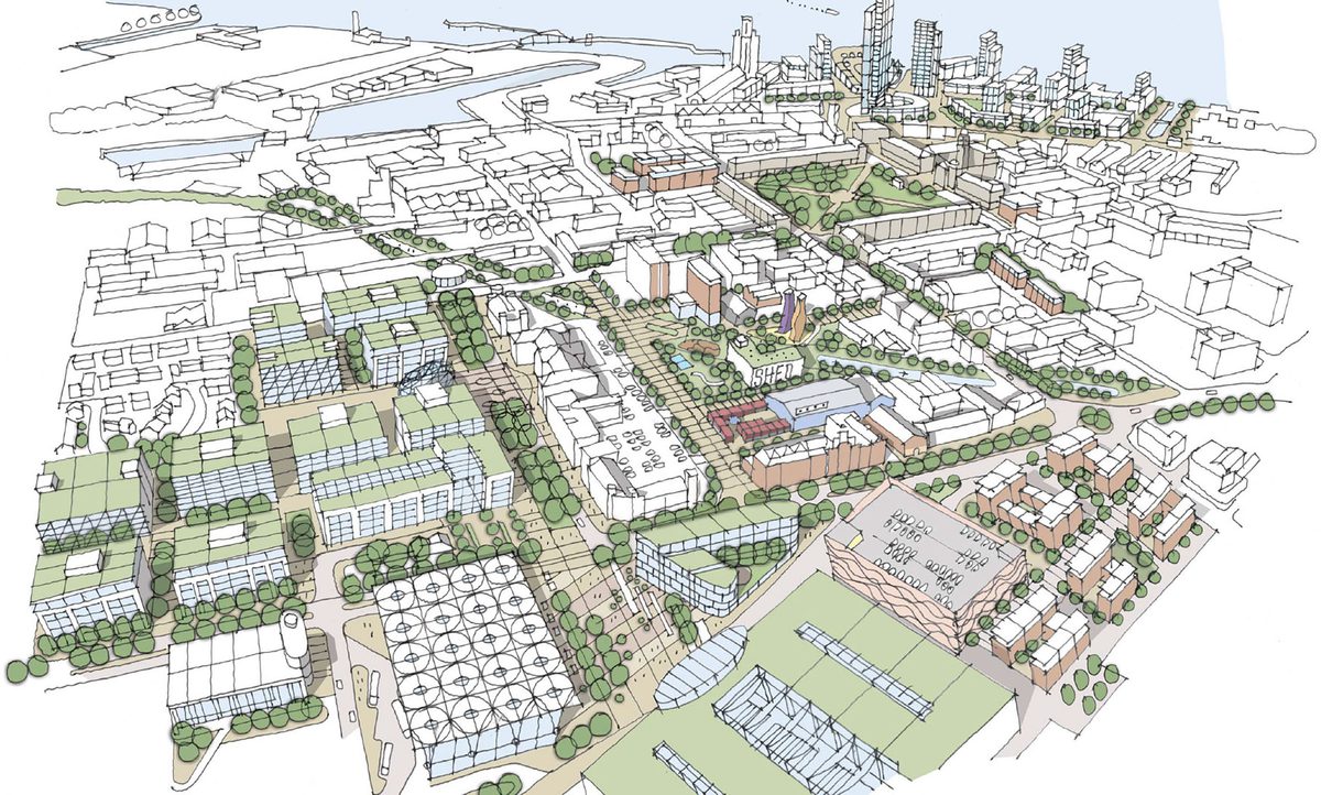 An aerial sketch showing the scale of the complete Birkenhead masterplan and its city centre location.