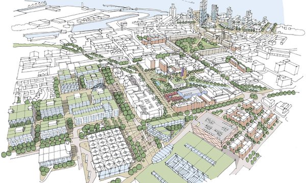 An aerial sketch showing the scale of the complete Birkenhead masterplan and its city centre location.
