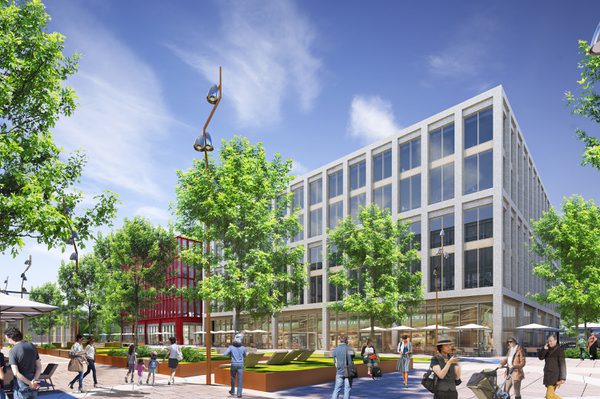 A visualisation with the two adjacent Birkenhead offices, with the community enjoying the green communal spaces in the foreground.