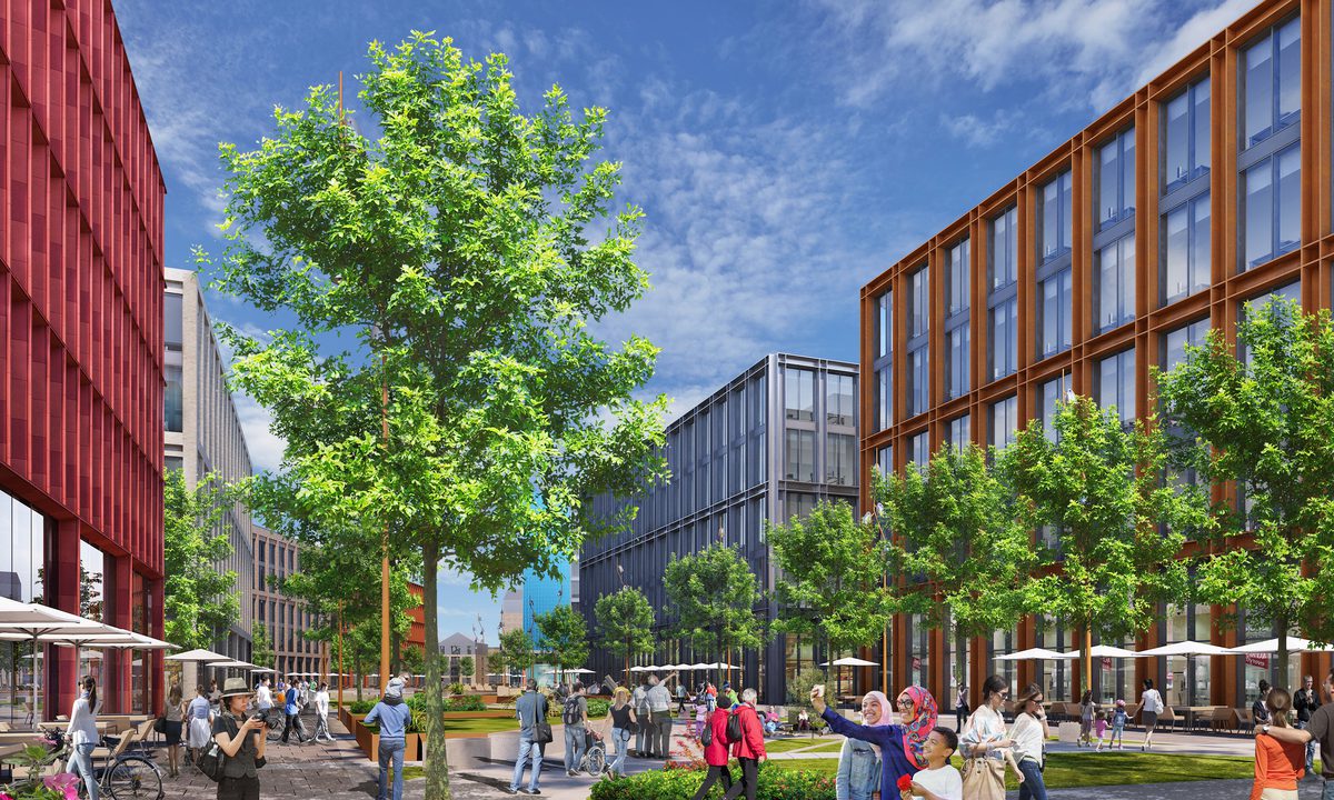 An exterior visualisation of the two Birkenhead Offices and other surrounding buildings, with people enjoying the surrounding communal green spaces.