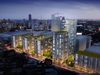 An exterior visualisation of the Boddingtons masterplan, with multiple buildings interspersed with landscaped, green spaces, in a city centre location.
