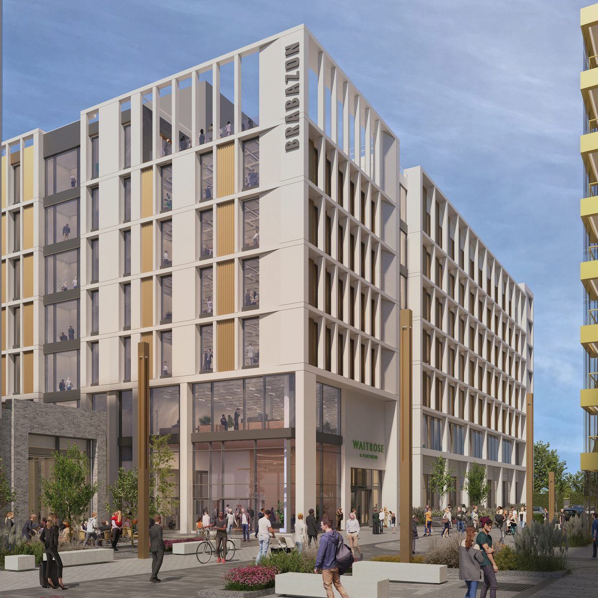 An external visualisation of Brabazon's new office building with pedestrians interacting with the space in front.
