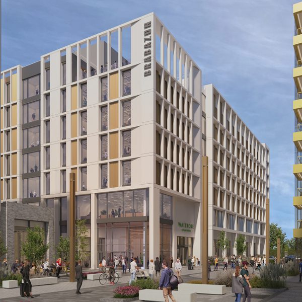 An external visualisation of Brabazon's new office building with pedestrians interacting with the space in front.