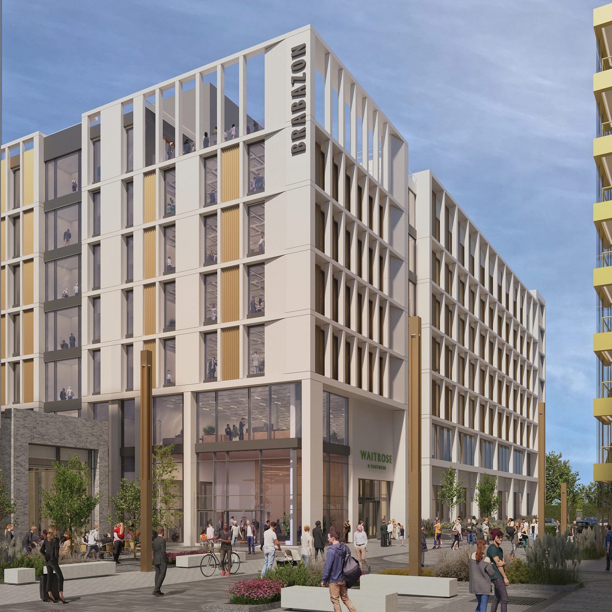 A visualisation of the modern office building at Brabazon with retail on the ground floor.
