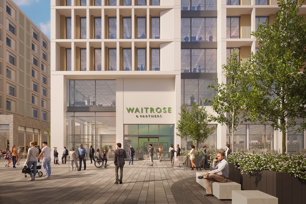 A wide visualisation of the retail space at the ground floor of the office building with active public realm in the foreground.