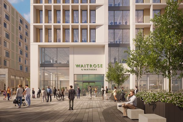A wide visualisation of the retail space at the ground floor of the office building with active public realm in the foreground.