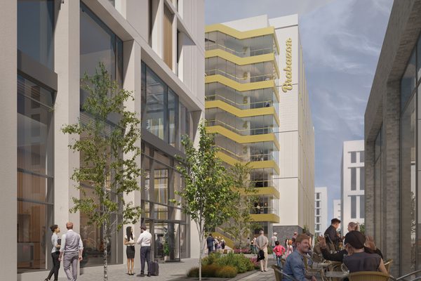 A visualisation of the Brabazon multi storey car park with associated landscaping and public realm in the foreground.