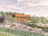 A visualisation of Bristol's new regional cycling hub with a large track looping around the site of the two-storey hub with community members enjoying the space in the foreground.