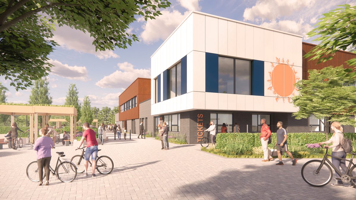A visualisation of the two-storey regional cycling hub in North West Bristol with visitors using bikes and associated landscaping in the foreground.