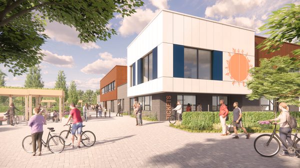 A visualisation of the two-storey regional cycling hub in North West Bristol with visitors using bikes and associated landscaping in the foreground.