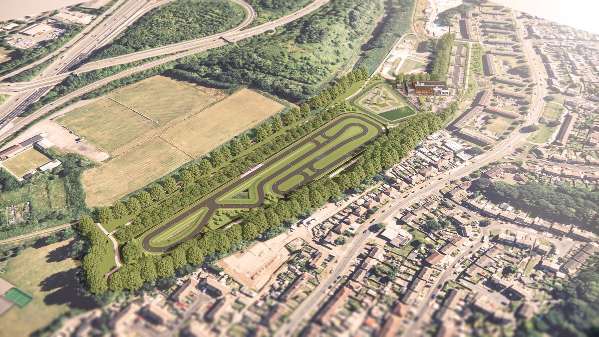 A visualisation of an aerial view of the Bristol regional cycling hub site showing the vast track and pedestrian trail.