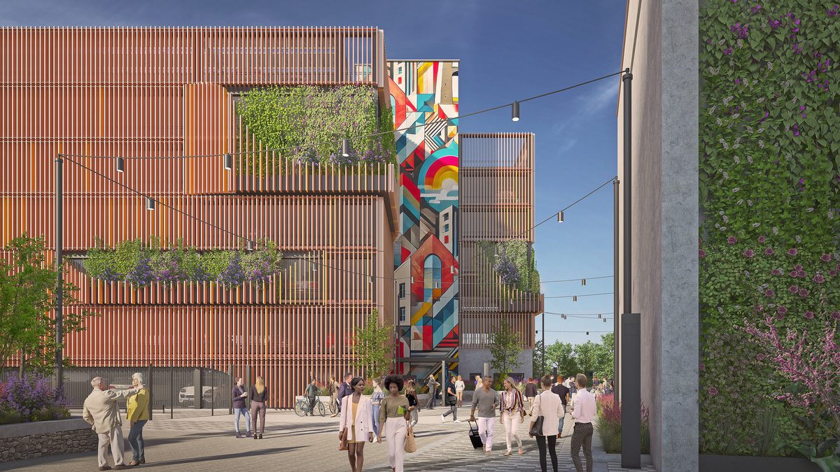 An exterior visualisation of people walking around the central hub and public realm at Bristol Temple Meads Southern Gateway.