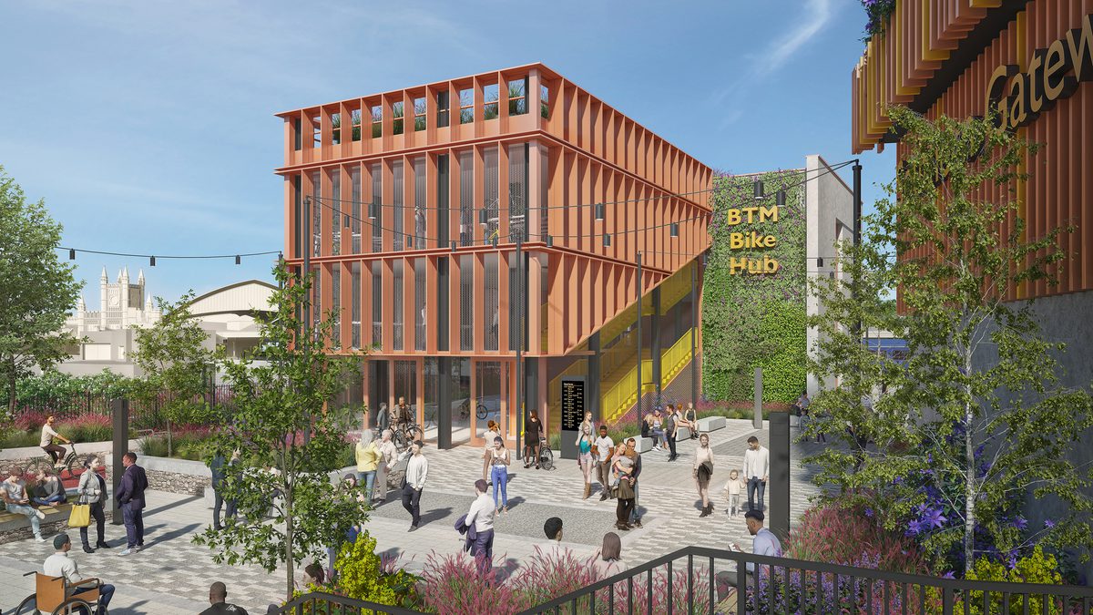 An exterior visualisation of the public space at Bristol Temple Meads Southern Gateway on a sunny day with people walking around the space and planting.