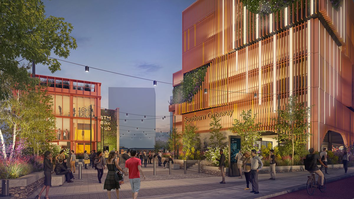 A exterior visualisation of Bristol Temple Meads Southern Gateway at dusk with people walking around the central space surrounded by planting.