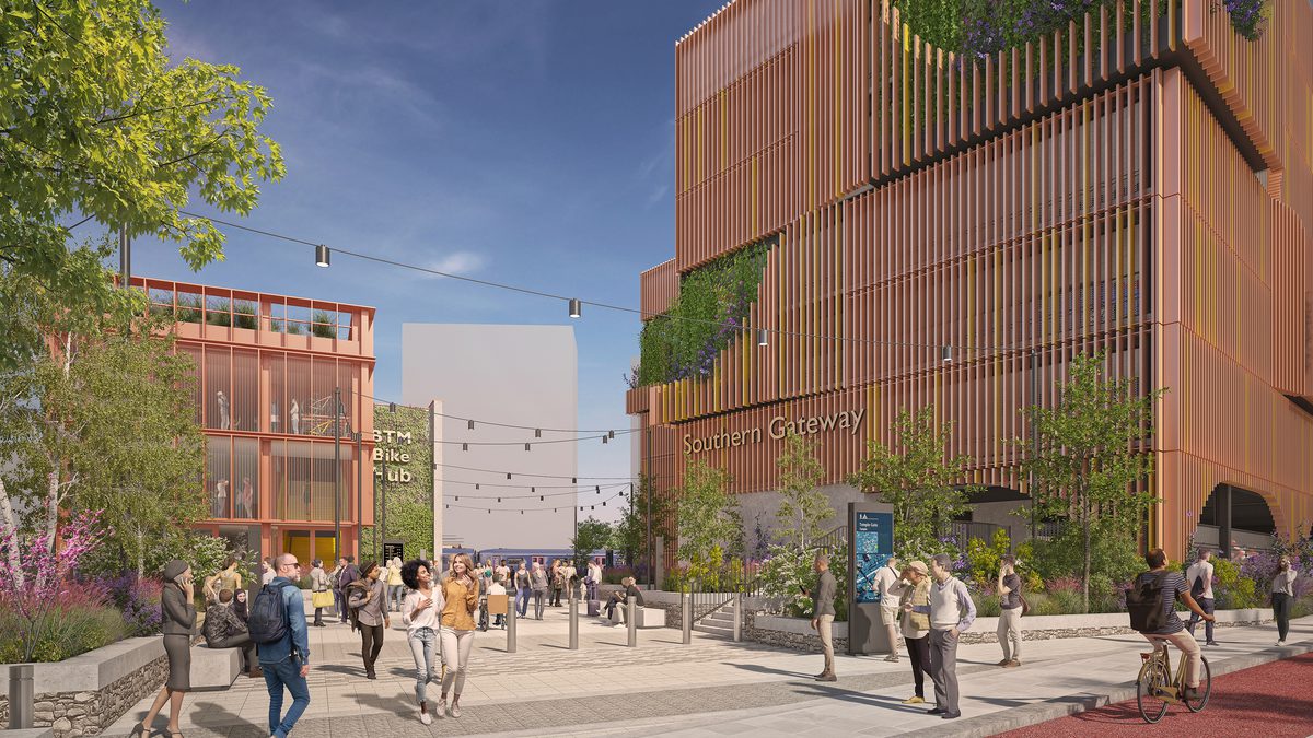 A visualisation of Bristol Temple Meads Southern Gateway with people walking around the space surrounded by greenery.