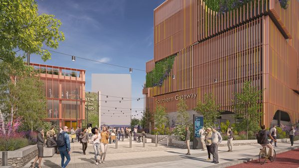 A visualisation of Bristol Temple Meads Southern Gateway with people walking around the space surrounded by greenery.