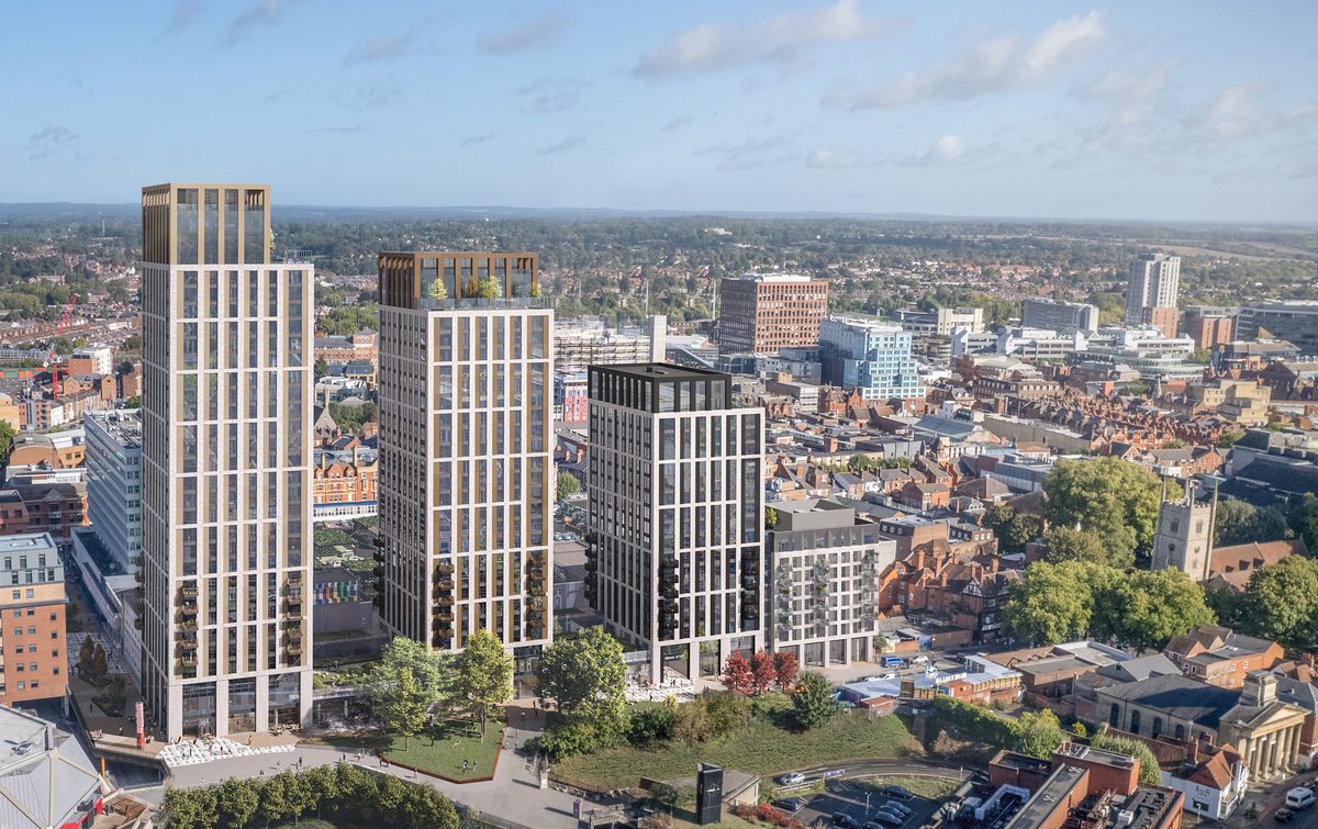 An exterior visualisation showing the 4 tower blocks which make up Broad Street Mall in their city centre location, with surrounding green public realm.